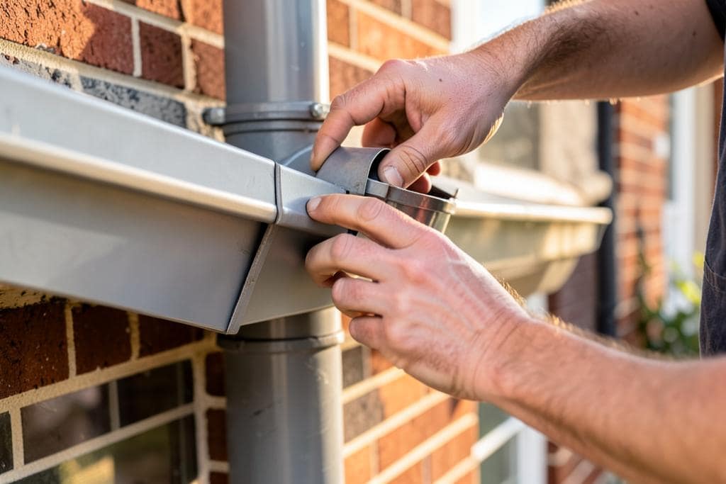 Close-up of a finished seamless gutter corner and downspout joint